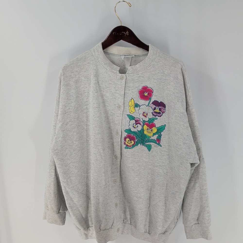 Vintage Morning Sun Floral Print Button Front Cardigan Sweatshirt Gray‎